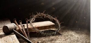 passion of jesus wooden cross with crown of thorns hammer and bloody picture id1302129871